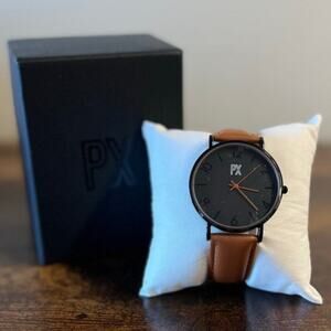 PX Clothing Keith Watch Leather Band Cognac Black Sleek Elegant Versatile New